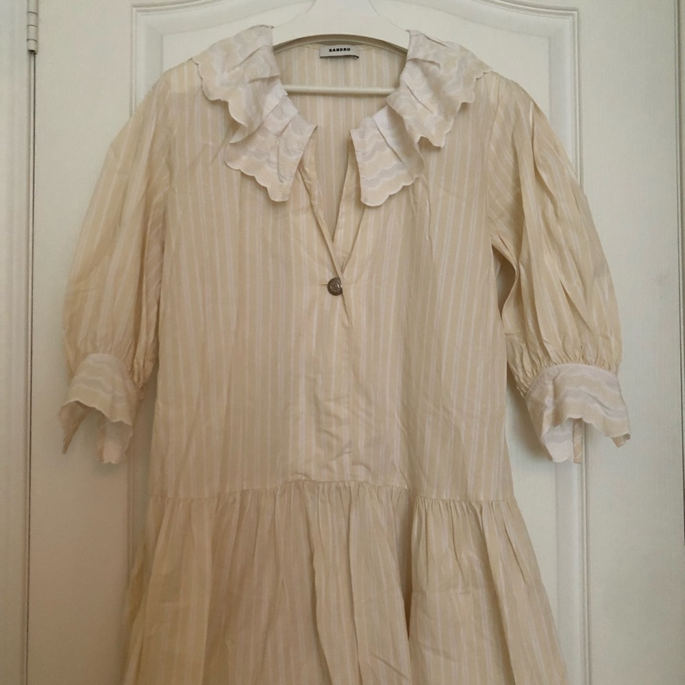 Beige Striped Dress with Ruffles
